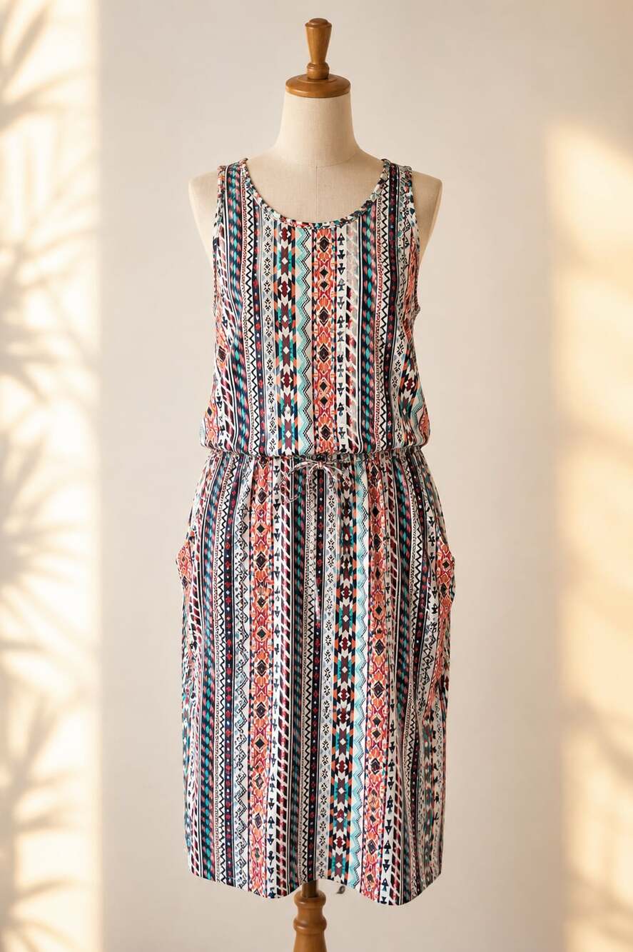 LASCANA NWT Tribal Aztec Print Sleeveless Tie Waist Pocket Dress Size 12 Boho